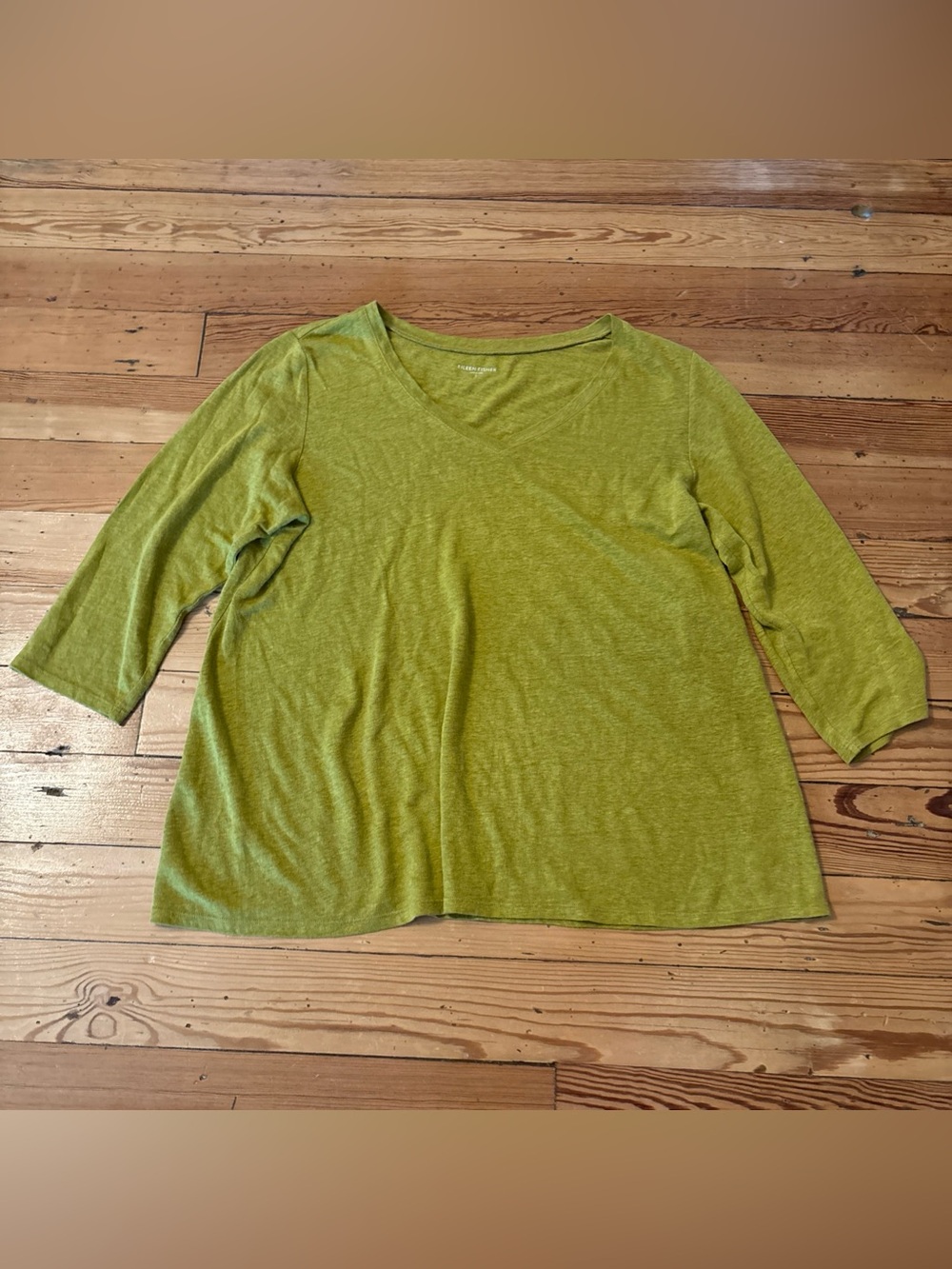 Eileen Fisher Mustard Yellow 100% Organic Linen V Neck 3/4 Sleeve Top Sz Large